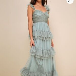 Elegant Sage Tiered Swiss Dot Gown
